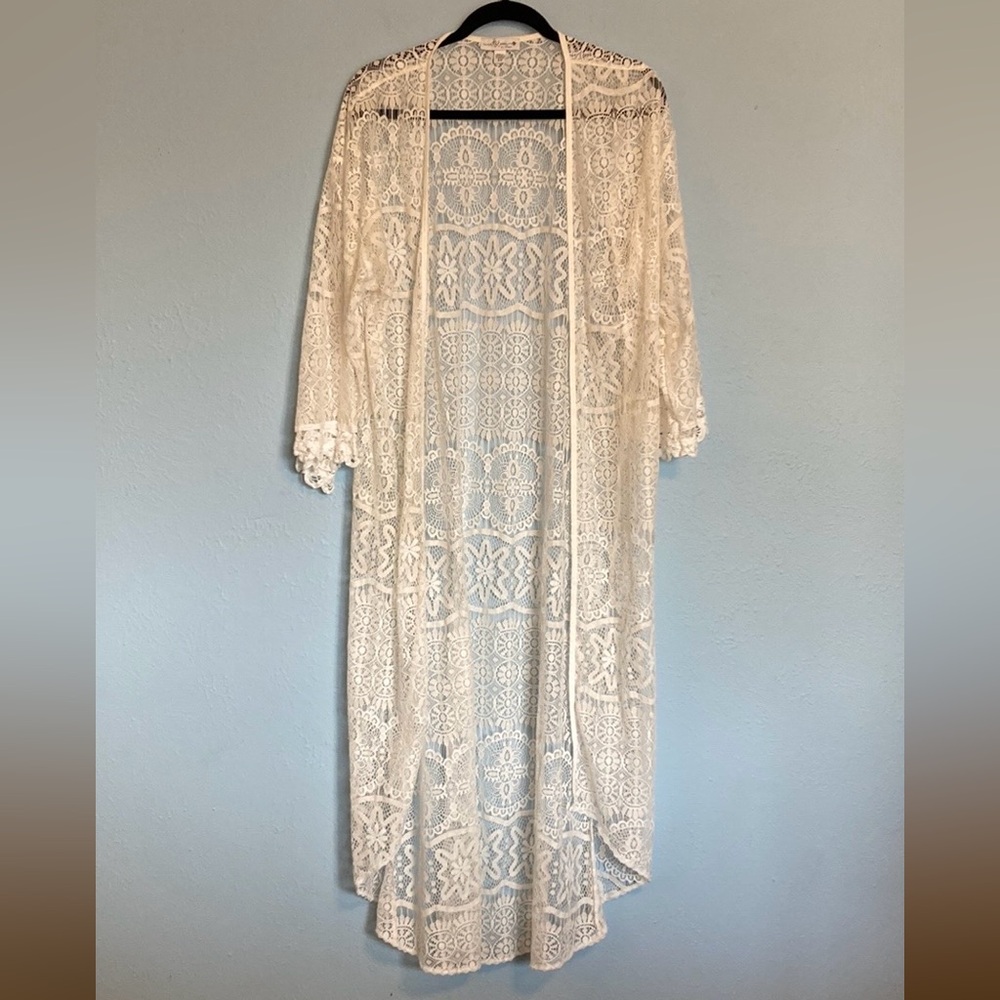 In Bloom by Jonquil Womens Size M/L White Lace Open Front Kimono Cover Up Robe